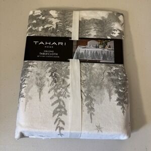 Tahari Home Tablecloth Winter Snowy Forest Tree Snowflakes 60x104 Gray Silver
